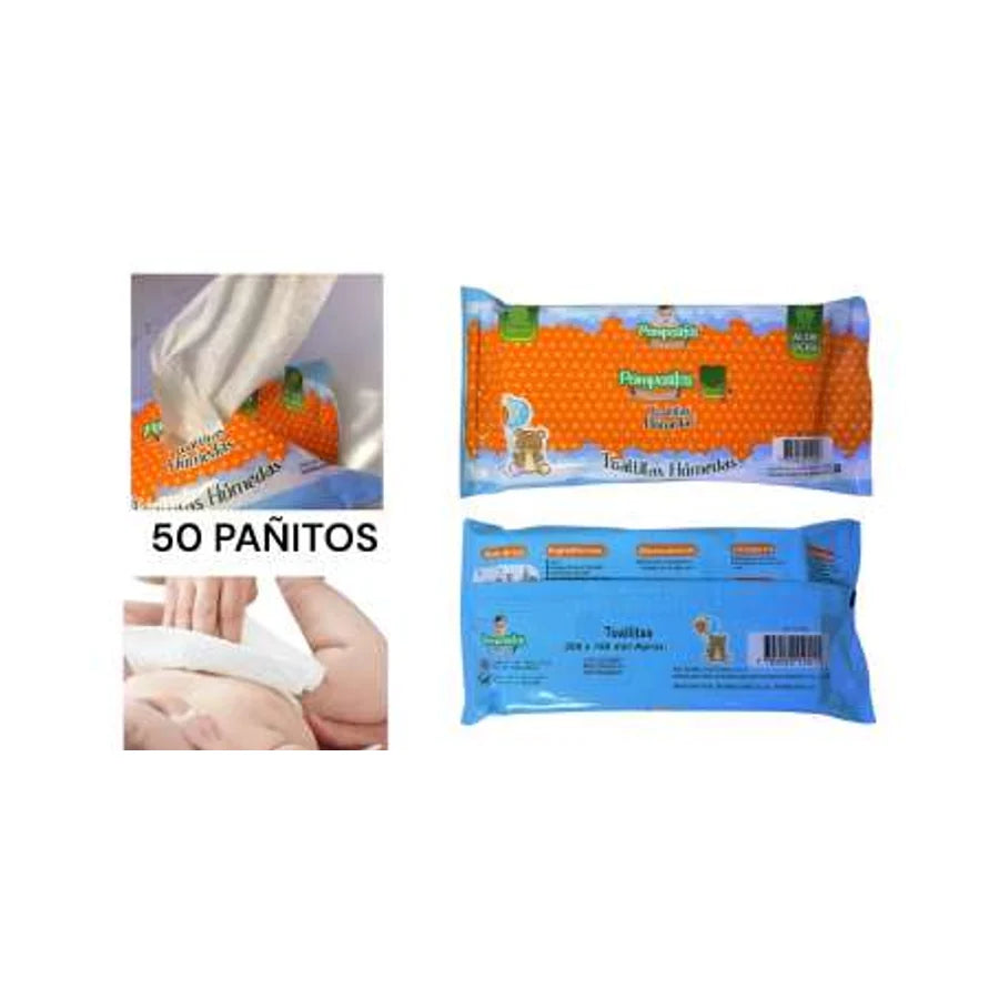 Paquete Pompositos de 50 toallitas húmedas, frente y reverso; gráfico muestra la extracción de una toallita.