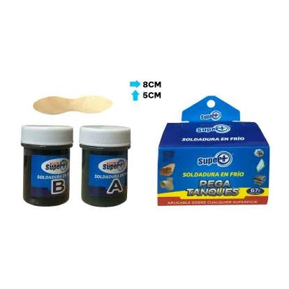 Kit Super+ Pega Tanques de soldadura en frío de 67 g con componentes A y B, espátula y caja.