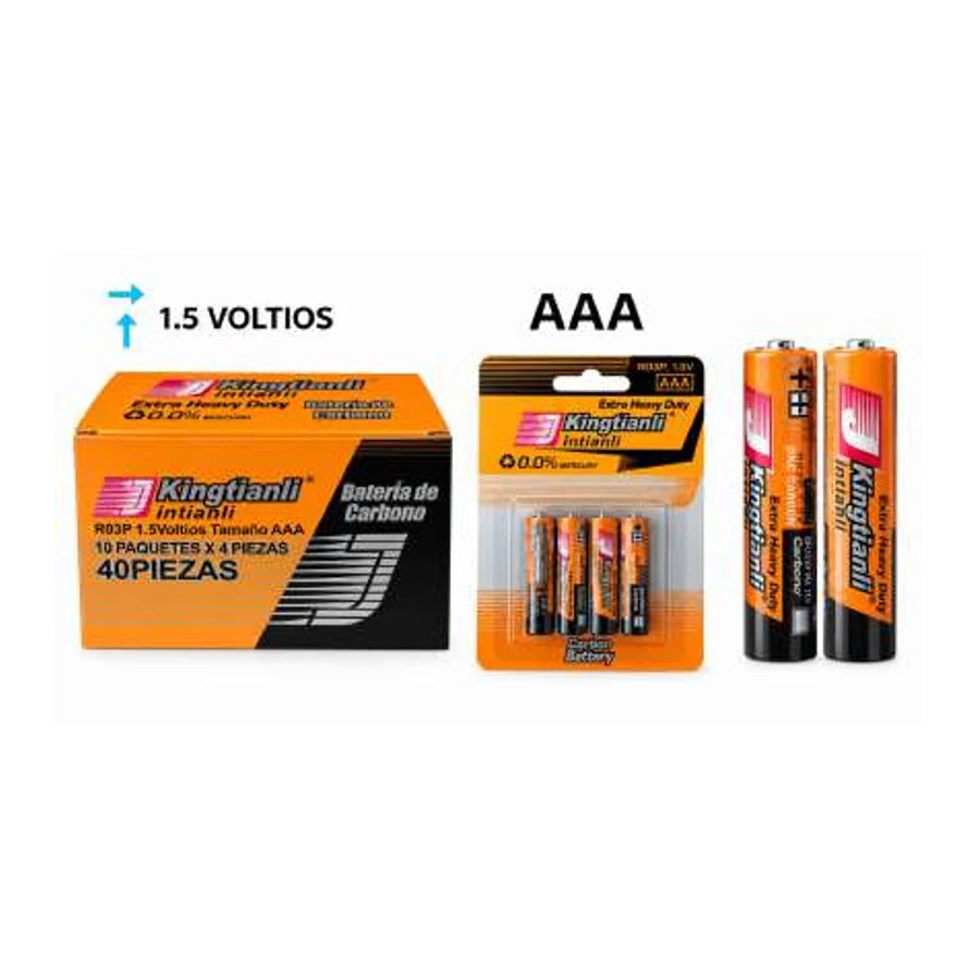 Pilas Kingtianli AAA de 1,5 V; blíster de cuatro unidades y caja que indica paquete de 40 piezas.