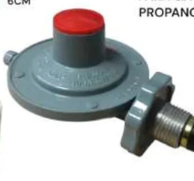 Vista frontal del regulador gris MS-20 para gas propano, con botón rojo