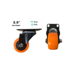 Rodachín giratorio naranja sin freno de 2,5 pulgadas con placa de montaje; gráfica indica 9 × 9 cm.
