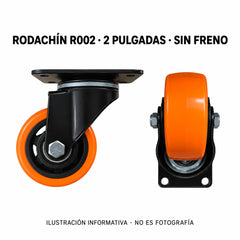 Ilustración informativa de rodachín giratorio naranja R002 de 2 pulgadas sin freno y placa de montaje; no es fotografía.