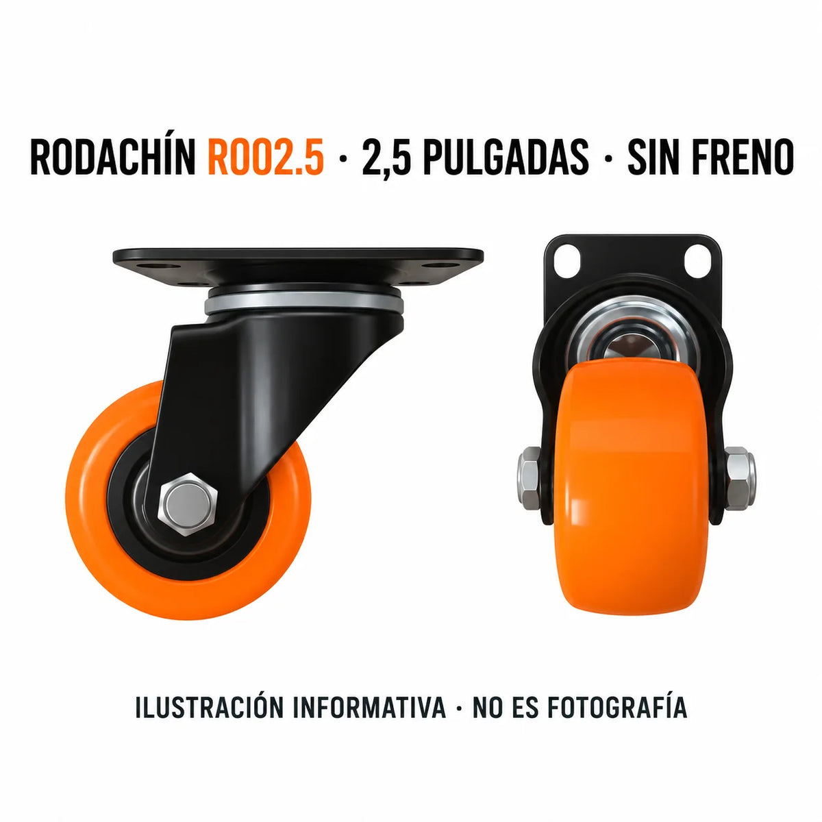 Ilustración informativa de rodachín giratorio naranja R002.5 de 2,5 pulgadas sin freno; no es fotografía.
