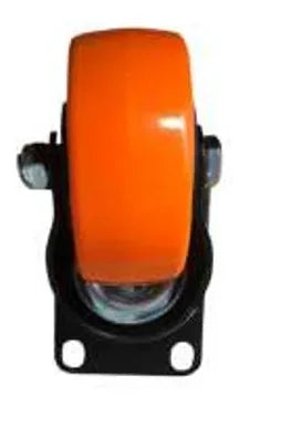 Vista frontal de la rueda naranja del rodachín R002 con soportes laterales y placa de montaje.