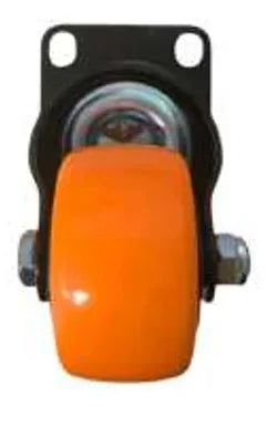 Vista frontal de la rueda naranja del rodachín R002.5 con soporte y placa de montaje.