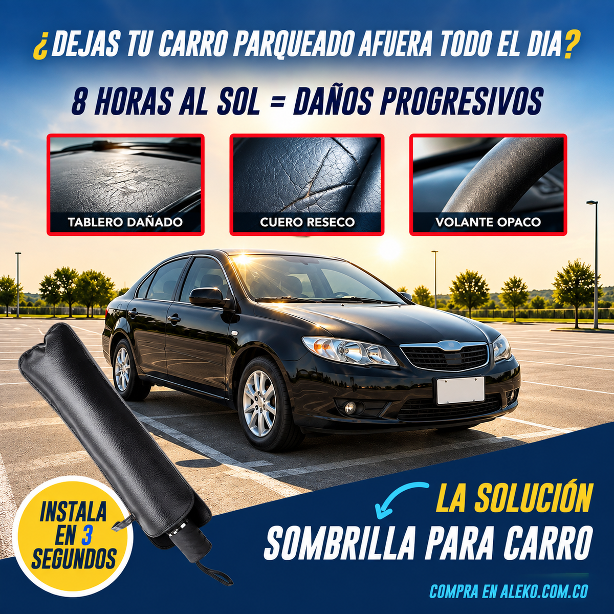 Sombrilla parasol DP-8870 desplegada sobre el parabrisas de un auto.