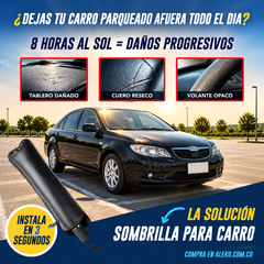 Sombrilla parasol DP-8870 desplegada sobre el parabrisas de un auto.