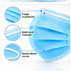 Detalle gráfico del tapabocas azul con pliegues, puente nasal moldeable y elásticos para orejas.