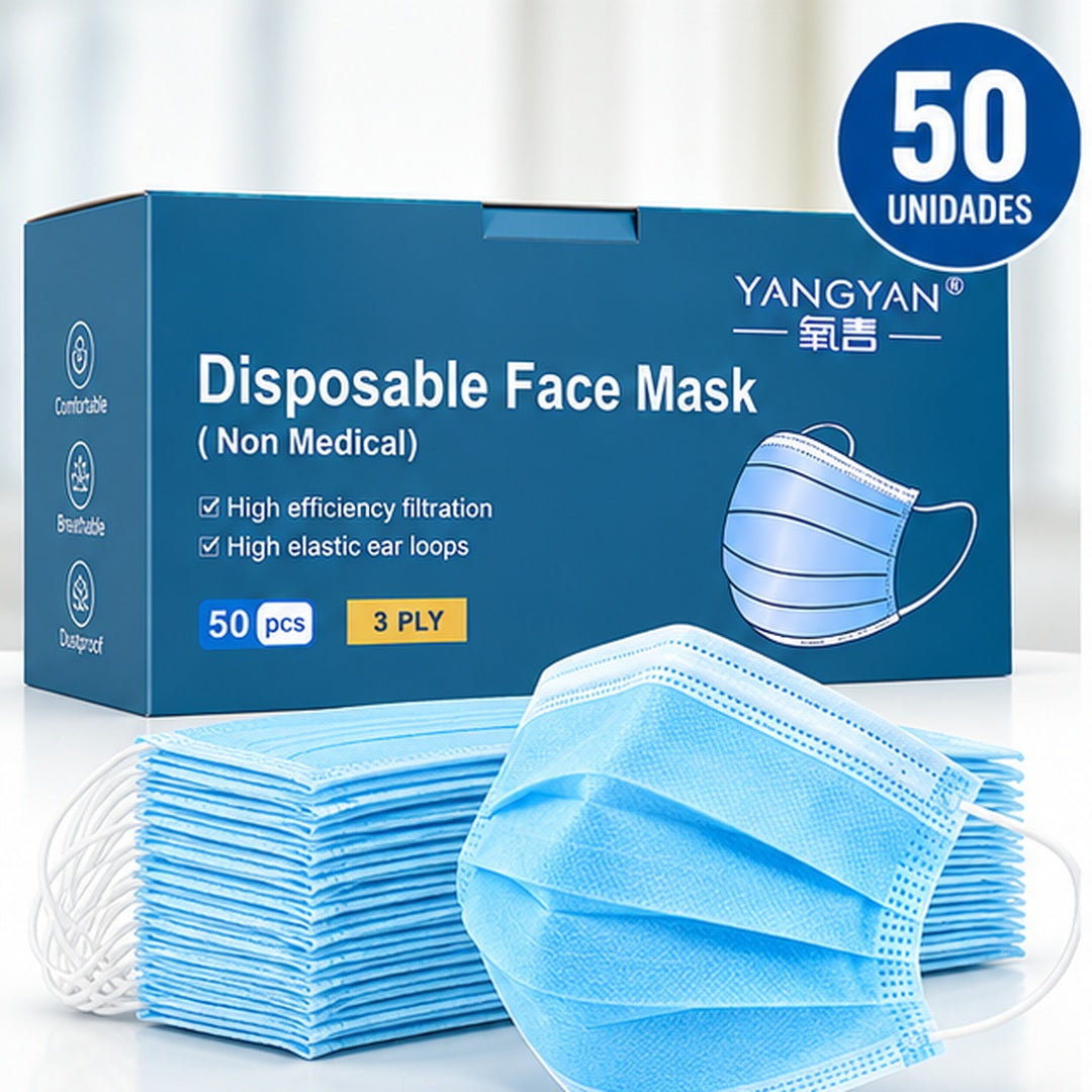 Caja YANGYAN de mascarillas desechables azules; el empaque indica 50 unidades y tres capas.