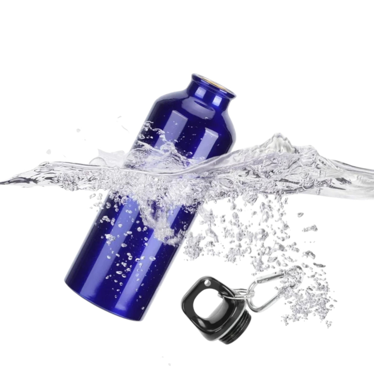 Botella termo azul de 750 ml con gancho en la tapa.