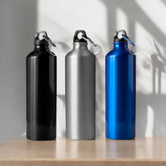 Botellas tipo termo de 750 ml con gancho, en negro, plateado y azul.