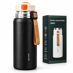 Termo negro Just Life JP614 junto a su caja verde.