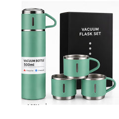 Termo verde T-03 con vasos y caja de presentación.