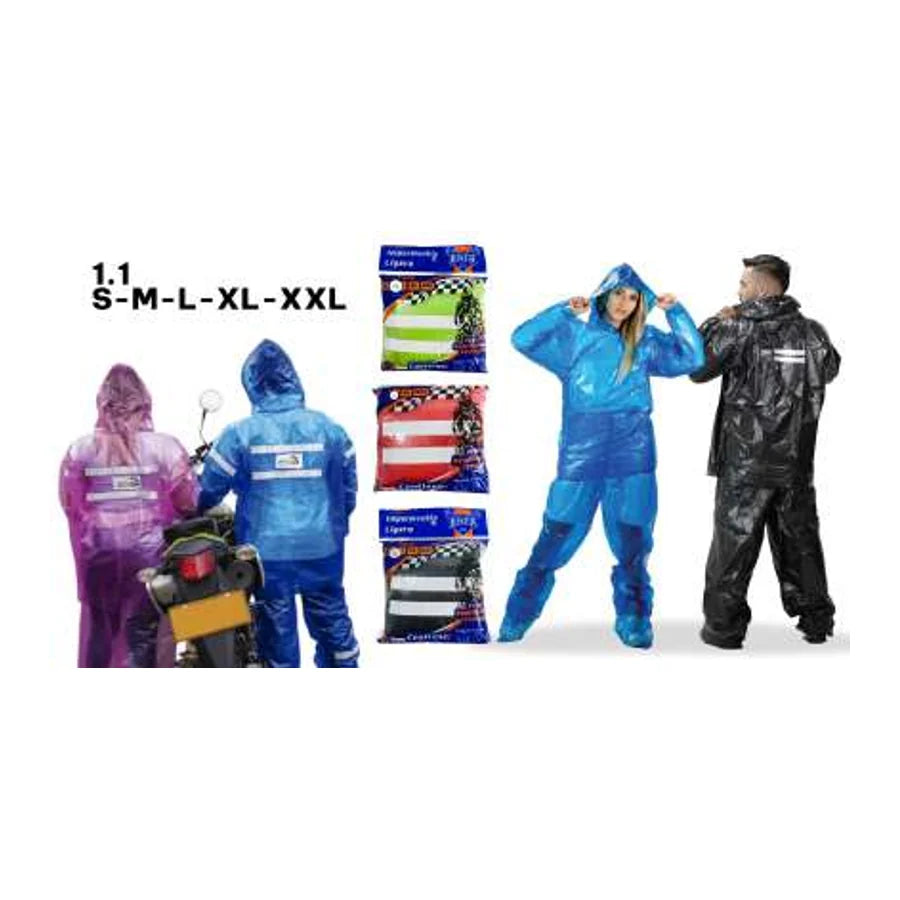 Gráfica de trajes impermeables con capucha y tallas S–XXL; muestra impermeables, no una carpa.