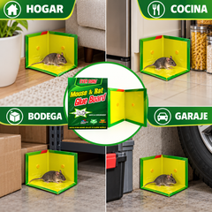 Trampa adhesiva TG-3 representada en usos para hogar, cocina, garaje y bodega.
