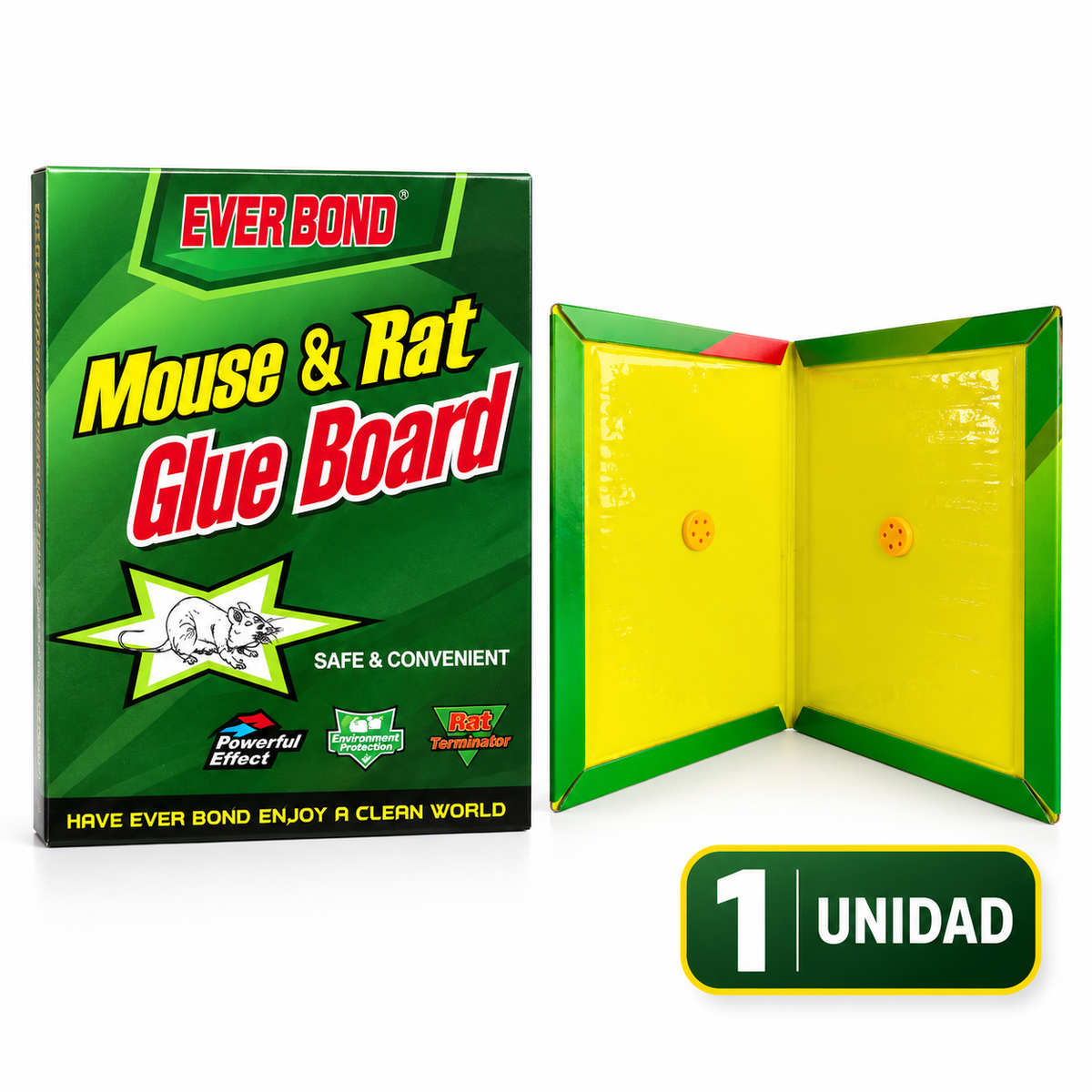 Empaque Ever Bond Mouse & Rat Glue Board junto a una trampa.