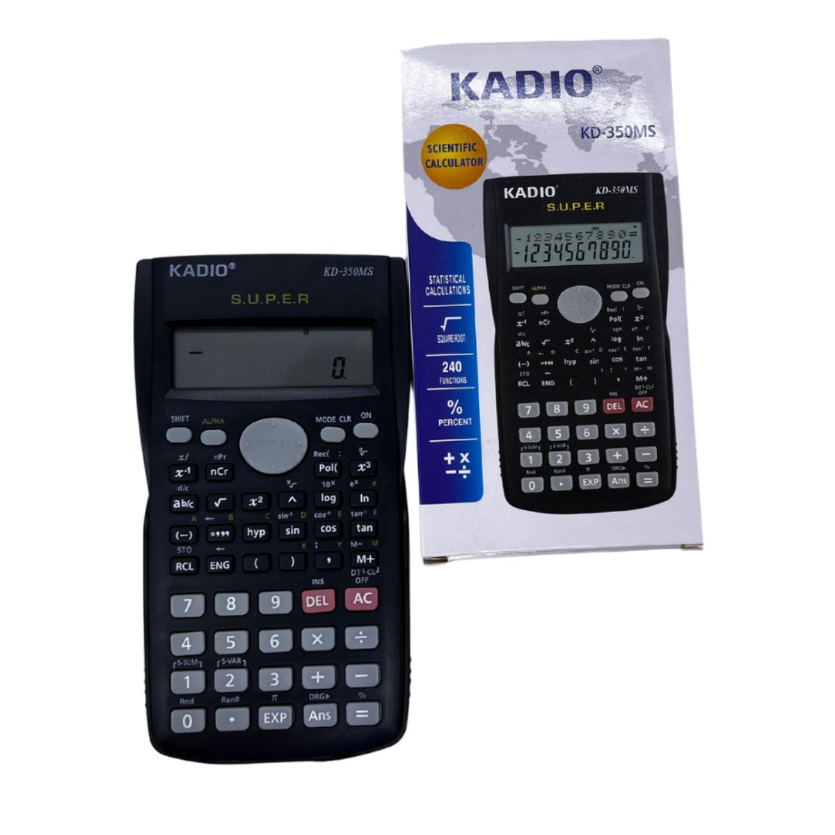 Calculadora científica negra KADIO KD-350MS con empaque que indica 240 funciones; difiere del título «160», verificar referencia.